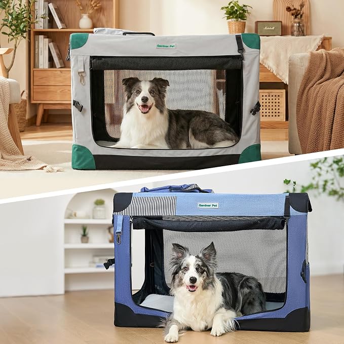 Gardner Pet Soft Collapsible Dog Crate - 26 Inch Portable Travel Dog Crate for Puppy/Small Dogs Indoor & Outdoor, 3-Door Pet Crate with Durable Mesh Windows & Storage Bag, Blue