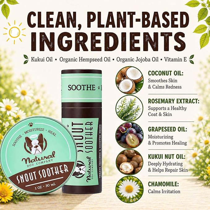 Natural Dog Company Snout Soother Dog Nose Balm – Moisturizing Care for Dry, Crusty, Cracked Noses with Coconut Oil & Shea Butter, Lick Safe Dog Snout Balm for All Breeds - 1 oz Tin