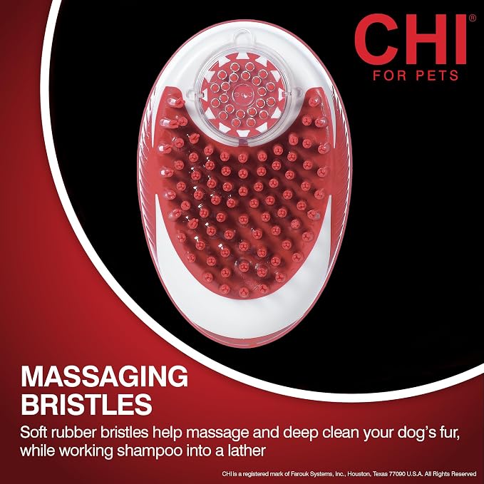 CHI for Dogs Soap Dispensing Palm Brush, Handheld Dog Bathing Scrubber with Built-In Shampoo Dispenser, Soft Rubber Bristles for Massaging and Deep Cleaning All Dog Coat Types, Red | Built-in shampoo dispenser, soft rubber bristles, massages while deep...