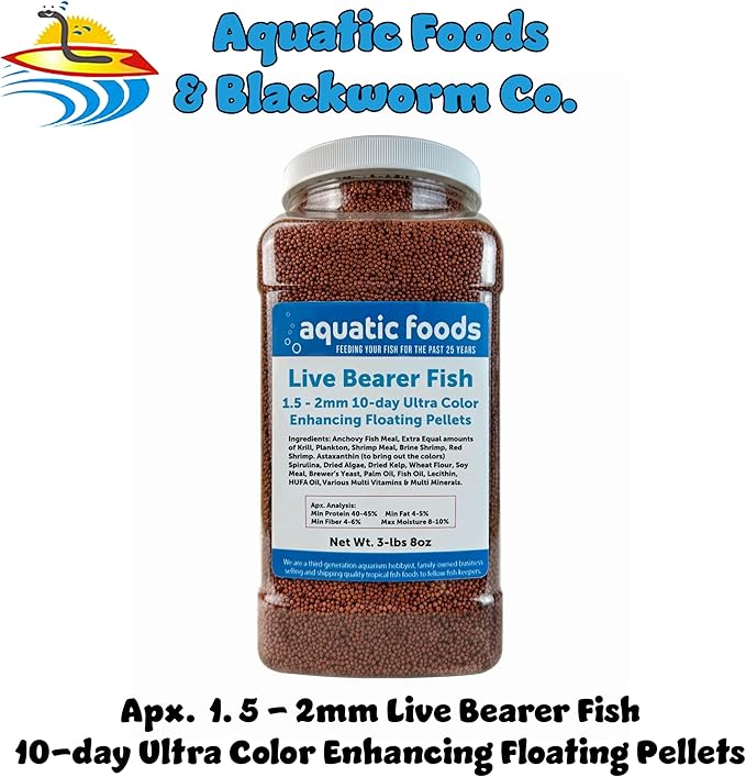 Aquatic Foods Inc. Live Bearer Ultra Red Color Enhancing 1.5mm-2mm Floating Pellets. Color Enhancing in 10-Days for Swordtails, Platies, All Live Bearers…3-lbs 8oz Large Jar
