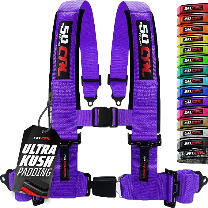 1pc 50 Cal Purple 4 Point Harness 2in Straps, Racing Harness Seat Belt | Ultra Kush padding, Push Button quick release hardware. Universal Fit for UTV, RZR, race car.