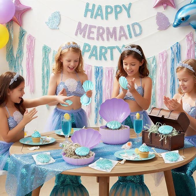LemonRoad 24 Sets Mermaid Party Favors Shell Hair Brush with Mirror Card, Foldable Mini Travel Compact Hair Brush for Women Birthday, Bachelorette, Under The Sea, Beach Party Gifts(Teal)