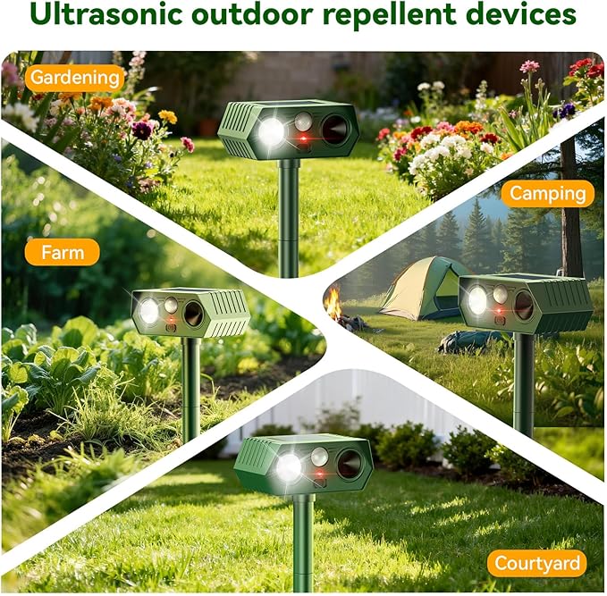 2026 Upgraded Solar Ultrasonic Animal Repeller Outdoor, Waterproof Motion Activated Repellent with Flash Light for Deer Cat Squirrel Raccoon Rabbit Dog Garden Yard (4 Pack)
