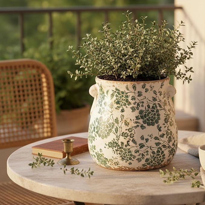 Tuscan Ceramic Planters & Kitchen Utensil Holder, 6.68" Vintage Plant Pots | Flower Pot with Drainage for Indoor/Outdoor, Country Cottage Vase for Home Garden Decor, Gifts for Plant Lovers, Cyan