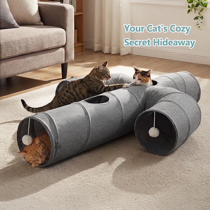 Ownpets Cactus Cat Tunnel 10" with Peek Holes for Indoor Large Cat, Grey | Durable Oxford fabric, noise-free, foldable & connectable, multi-cat friendly, tube for cats up to 20lb, includes ball & wand