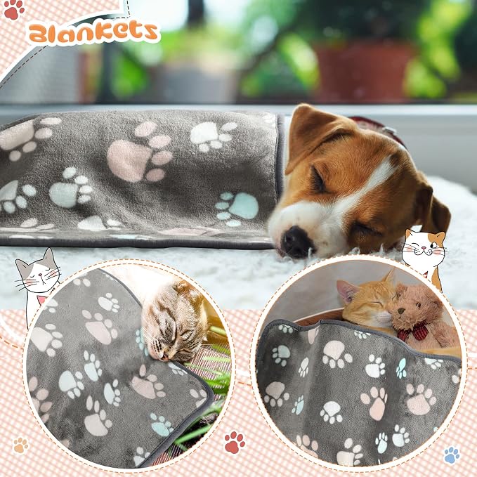 Tatuo 4 Pack Fleece Dog Blankets for Puppy Cats Multi-Size Sleep Mat for Pet Guinea Pig Soft Washable Warm Crate Bed Puppy Teething Toys Print Pattern Blanket Indoor(Dark Gray,41 x 30 Inch,Paw)