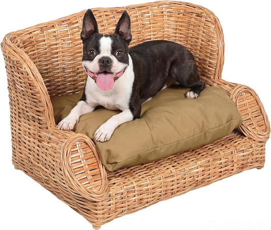 DBD1004B Handwoven Water Hyacinth Pet Daybed with Machine-Washable Cushion, 27.5" x 18" Wicker Sofa for Small to Medium Dogs and Cats, Vintage Style Elevated Pet Bed, Light Brown