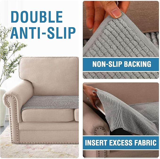 H.VERSAILTEX Plush Chenille Couch Cover for 3 Cushion Couch Anti Slip Washable Sofa Slipcovers Soft and Durable Furniture Protector for Dogs Cats Kids (27.5" x 71", Dove)