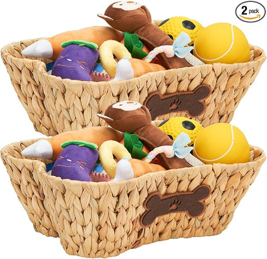 Wicker Basket for Pet Toys, 2 Pack Stylish and Natural Dog and Cat Toy Basket, Dog Storage Organizer with Bone Shape