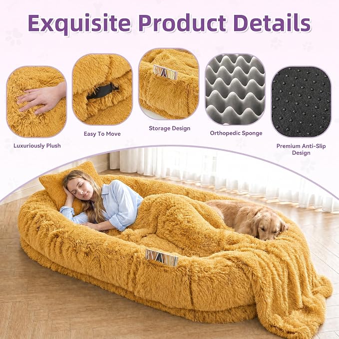 Human Dog Bed, Oversized Plush Lounger Bed with Plump Pillow and Blanket | 71" x 45" x 12" Long Plush Polyester Floor Nest for Relaxing, Napping, Reading, and Family Cuddle Time - Pumpkin Orange