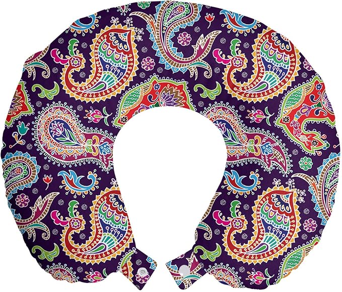 Ambesonne Paisley Travel Pillow Neck Rest, Sixties and Seventies Hippie Themed Motives Geometrical and Floral Design Image Print, Memory Foam Traveling Accessory for Airplane and Car, 12", Purple