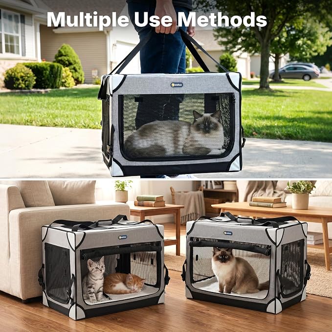 Veehoo Extra Large Cat Travel Carrier with Litter Box for 2 Cats, 48 inch Collapsible Dog Crate for Small Medium Dogs, 2 in 1 Cat Pet Puppy Kitten Foldable Car Carrier Soft Sided for Road Trip, Gray
