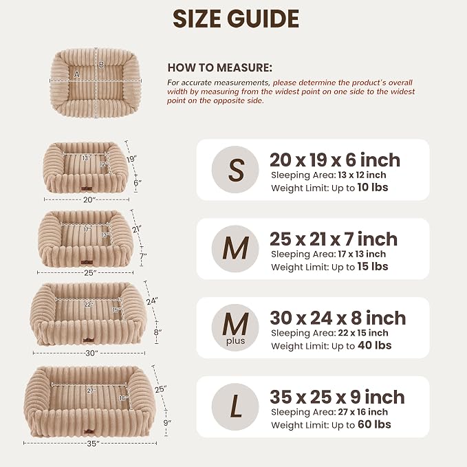 Washable Dog Bed Small Medium Size Dog, Rectangle Orthopedic Pet Bed for Car and Indoor,Fluffy Memory Foam Dog Beds with Anti-Slip Bottom,Camel(25x21x7inchs)