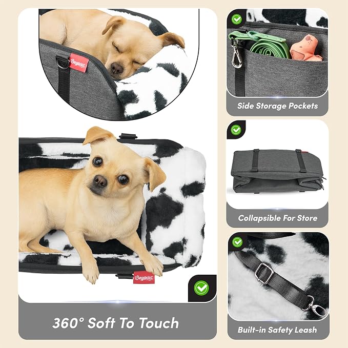 Center Console Dog Car Seat for Small Pets to 11lbs, Milk Cow | Anti-collapse armrest Console seat with washable fluffy cushion, pillow & tether for stable, cozy pet travel trips.