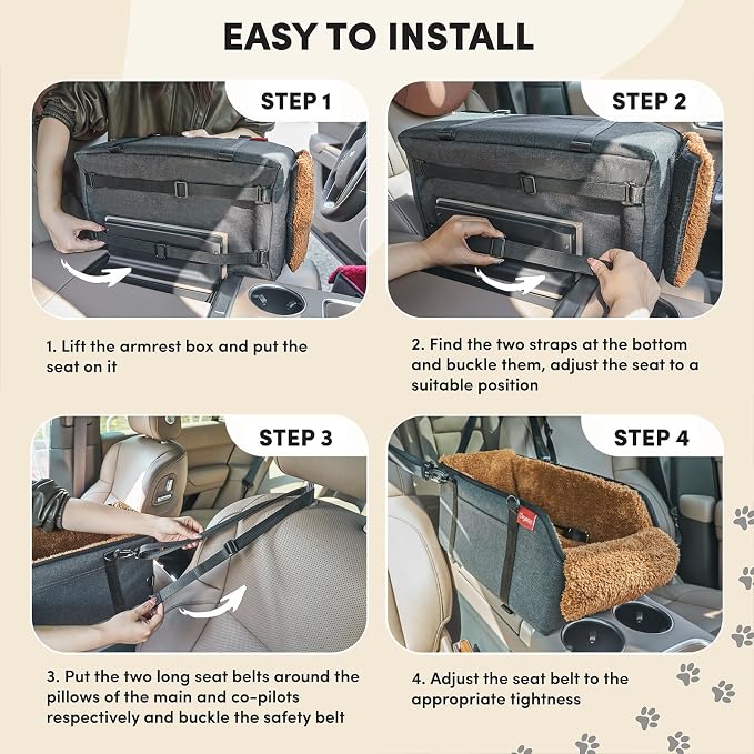 Center Console Dog Car Seat for Small Pets to 11lbs, Brown | Anti-collapse armrest Console seat with washable fluffy cushion, pillow & tether for stable, cozy pet travel trips.