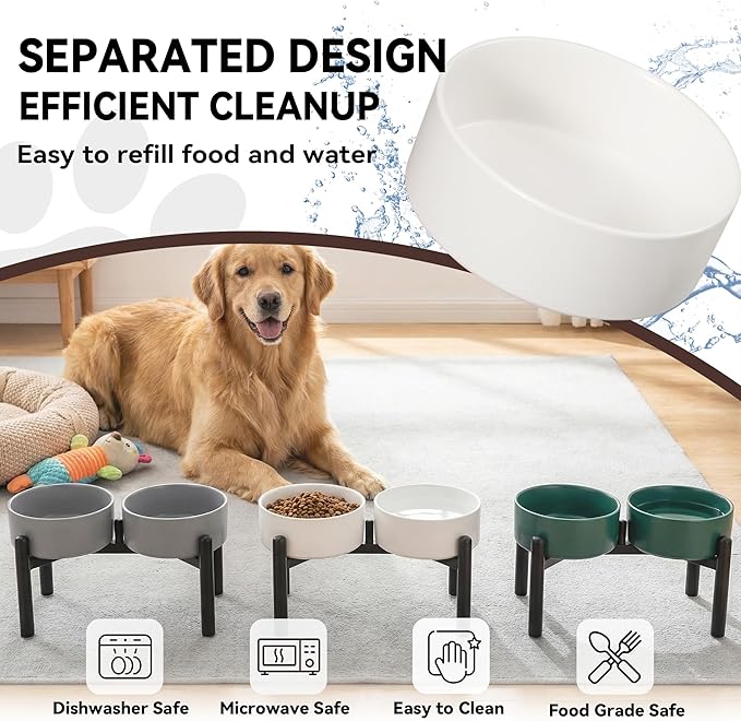 Raised Ceramic Dog Bowl Set with Stand, 7.5 Cups Elevated Dog Food Stand | 8.4'' Double Dog Food and Water Bowl Set, Non-Slip Dog Feeding Dishes for Small Breeds and Cats, 59.2 OZ, White
