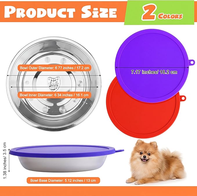 Patelai Stainless Steel Dog Bowls with Silicone Lids for 1.9 Cups Portable Food and Water Dishes for Pets Sealable Containers for 6.3" for Cats & Small Dogs(Red,Purple)