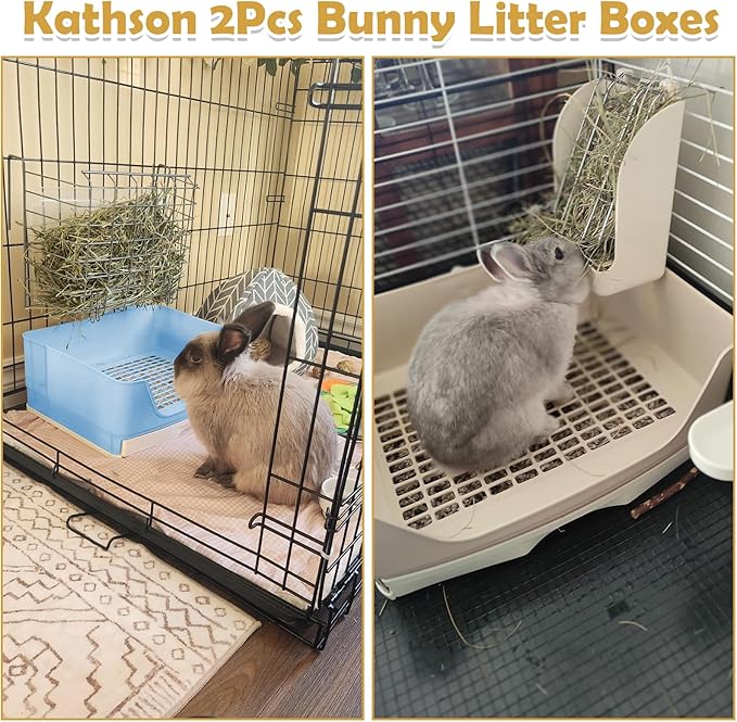 kathson 2PCS Large Rabbit Litter Box Trainer, Potty Corner Toilet with Drawer Bigger Pet Pan for Adult Hamster, Guinea Pig, Ferret, Galesaur, Bunny and Other Animals (Blue,Brown)