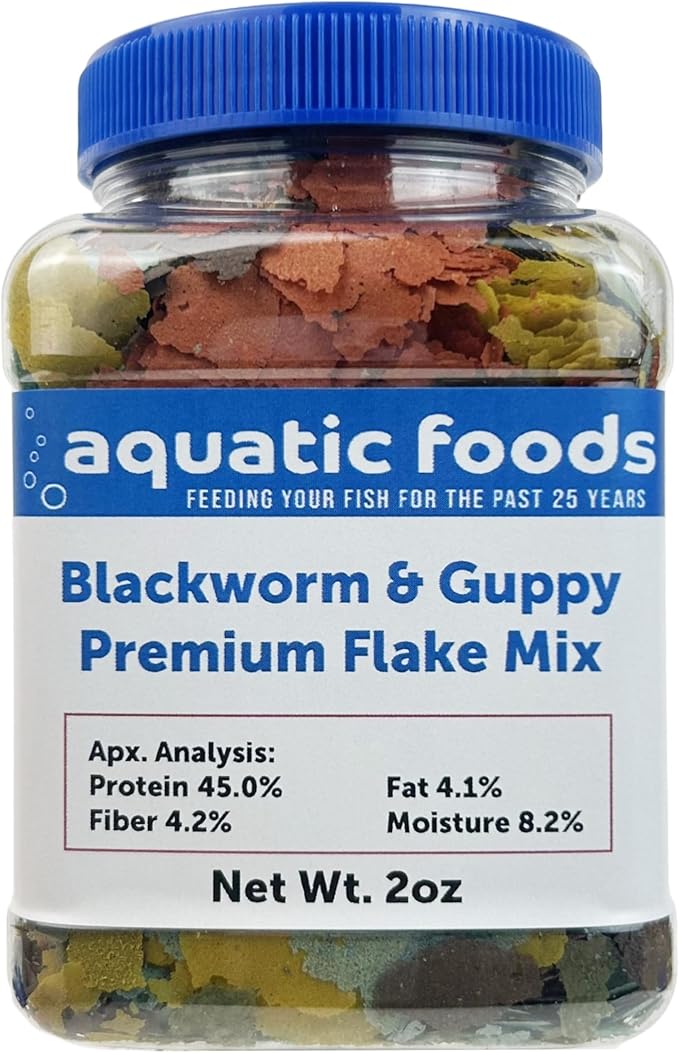 45% Blackworm & Guppy Premium Flakes for Guppies and All Community Tropical Fish. Aquatic Foods Flakes …2oz Small Jar