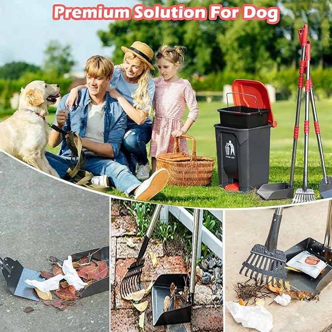 FUSBUNTY Dog Pooper Scooper Set,Dog Poop Tray and Rake Set for Large & Small Dogs Dog Pet Waste Tool 15 Litre Step Dog Poop Trash Can Outside W/Removable Inner Bucket with 20 Waste Bags