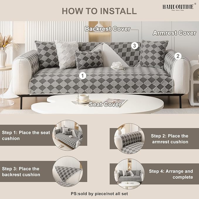 HANDONTIME Non-Slip Pet Couch Cover Washable, Plush Faux Fur Couch Protector for Cushion Pet-Friendly Sofa Covers for Dogs, Checkered Diamond Sectional Covers Dog Mat for Sofa (Grey, 35.6" x 94.5")