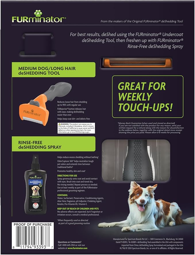 FURminator Ultimate Dog deShedding Bundle (Set of 2) | Includes Medium Dog/Long Hair deShedding Tool & Rinse-Free deShedding Spray, For Dogs 25-50 lb, Use Weekly to Reduce Shedding