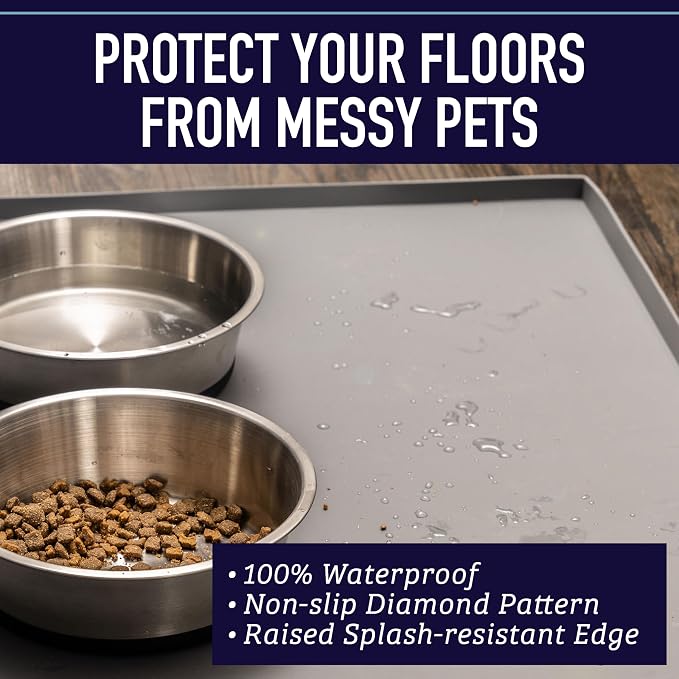 Leash Boss Dog Food Mat – Waterproof Silicone Pet Feeding Mat with Raised Edges for Dogs & Cats, Non-Slip Placemat for Food & Water Bowls, Spill-Proof Floor Protection, Easy to Clean (Grey, Crate)
