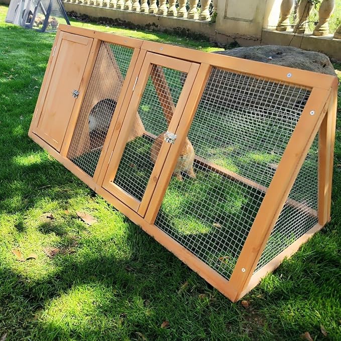 Rabbit Hutch Outdoor Chicken Coop Run A-Frame Bunny Cage Wooden Quail Cage w/ 2 Door & Ventilated Wire Fence Small Animal Cage for Garden Backyard Farms 47 x 18 x 19.5 in