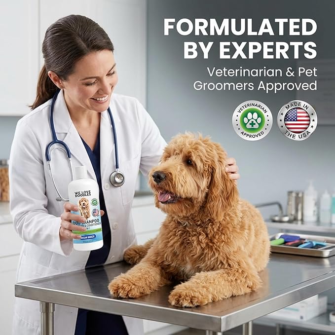 Dog Shampoo, Conditioner & Detangler-Best Shampoo for Goldendoodles, Poodles & Doodles Pet Hair -Hypoallergenic, Tearless, Sensitive Skin for Puppies & All Dog Breeds -Made in USA,16OZ (Ocean Breeze)