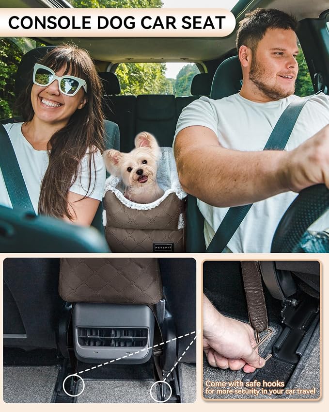 PETSFIT Dog Console Car Seat with Dual Adjustable Seat-Rail Anchor Hooks | Anti-Collapse Leather Armrest Booster Carseat with Safety Tether, Washable Cushion, Soft Pillow for Pets Under 8 lbs,Coffee