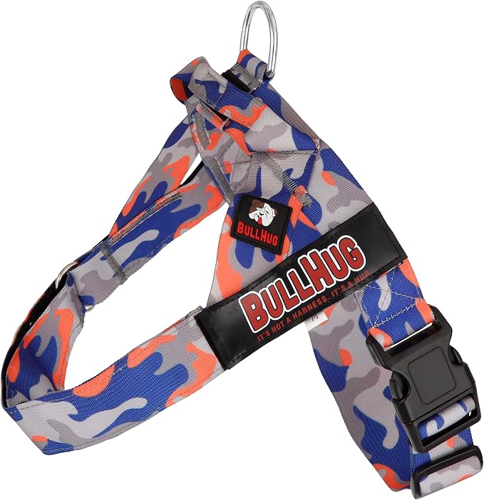 Adjustable Dog Harness– No Pull, No Choke – for English Bulldogs, French Bulldogs, Pugs & Broad-Chested Breeds – Easy, Safe Walks (Orange/Blue Camouflage, Medium)