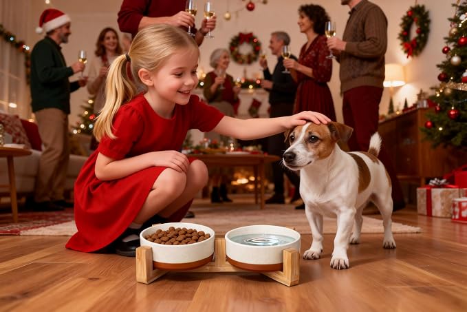 MALACASA Ceramic Dog Bowls Small Size Dog with Wood Stand, 1.5-Cup Ceramic Puppy Bowls for Cats & Small Dogs, Dual Food and Water Bowls with Weighted Non-Slip Base, Glaze Matte,14 Oz