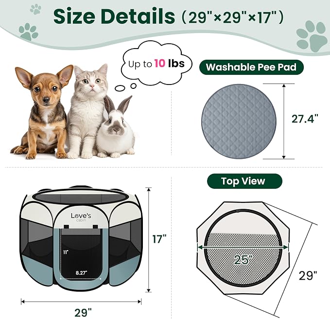 Love's cabin Dog Playpen with Washable Pee Pad, Puppy Pet Cat Playpen Small Dogs Tent Crate Indoor/Outdoor, Portable Pop Up Kennel with Carrying Case for Cats/Rabbits(Moss Green,Small with pad)