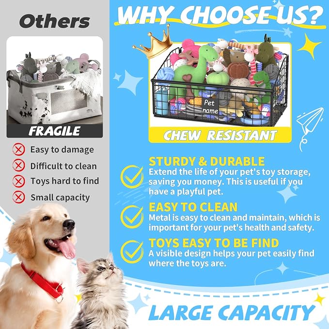 Kaiferty Indestructible Dog Toy basket, Medium Toy Box for Dogs,Pet Toy Bin Dog Metal Basket for Toys, Toy Storage Organizer, Toy Box for Living Room Area (Black)
