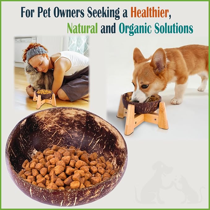 Dog Bowl with Holder for Small Dog | All-Natural Coconut Shell | Raised, Elevated, Eco-Friendly Coco Bowl with Wood Stand | Water-Proof, Water Wet & Dry Food Suitable - 20-oz
