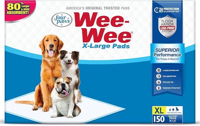 Four Paws Wee-Wee Superior Performance X-Large Dog Pee Pads, 150 Count | Puppy & dog potty training pads, housebreaking supplies, xl puppy pads, pet supplies, 24-hour floor protection, 28" x 34"