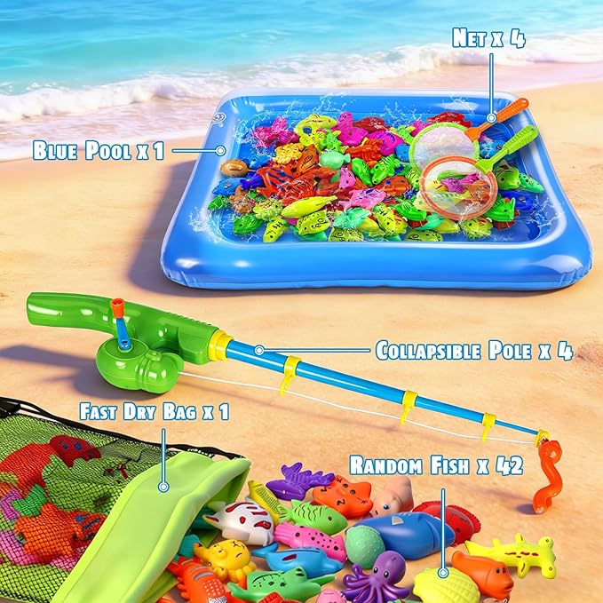 CozyBomB™ Magnetic Fishing Toys Game Set for Kids | Water Table Bathtub Kiddie Pool Party Pole Rod Net, Outdoor Plastic Floating Fish, Toddler Bath Color Ocean Sea Animals Birthday Gift Age 3-5 6 4-8