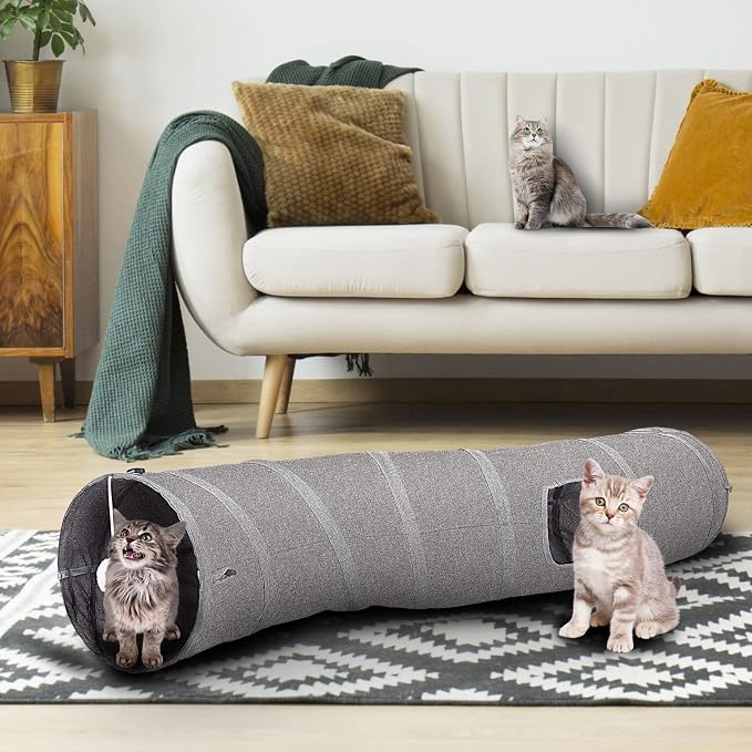Ownpets S-Shape Cat Tunnel Toy 48"L x 10"D, for Cats, Puppies & Small Pets | Collapsible for storage, tear-resistant oxford fabric, connects to other tunnel, with peek hole, feather wand, indoor/outdoor