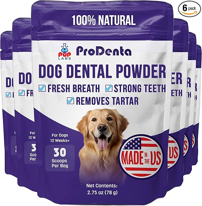 Pup Labs ProDenta, Tartar Remover for Dogs and Dog Bad Breath Eliminator, Natural Powder for Plaque and Gum Support, Made in USA, 6-Pack (180 Scoops)