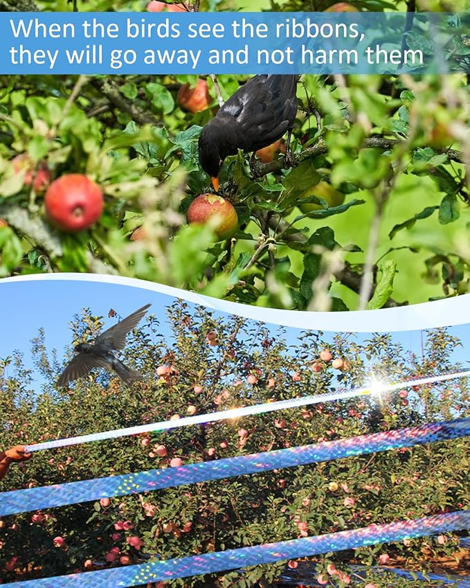 2×502 Ft Bird Scare Tape Ribbon, Double Sided Holographic Flash Reflective Bird Tape, Deterrent Visual Audible Bird Repellent Devices for Outdoor, Garden, Balcony (Regular)