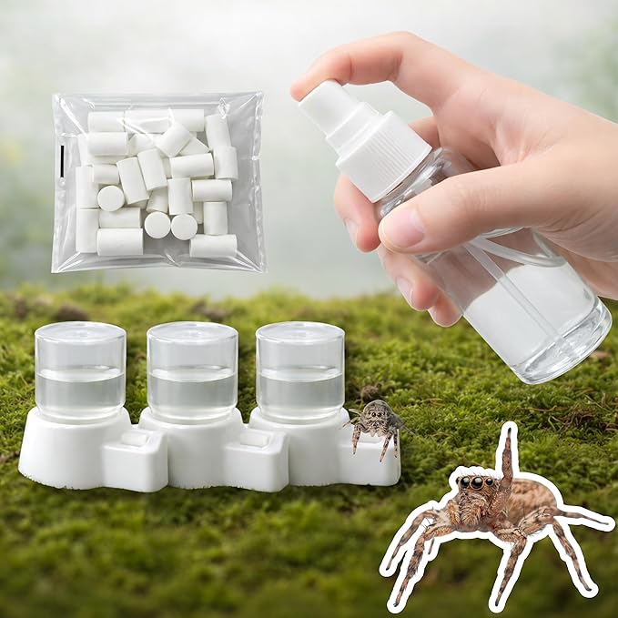 Jumping Spider Water Enclosure Accessories Kit, 3pcs Mini Water Dispenser with 30 Replace Cotton Cores Mist Bottle, Jumping Spider Habitat Decoration, Tarantula Enclosure Accessories (White, 3 PCS)