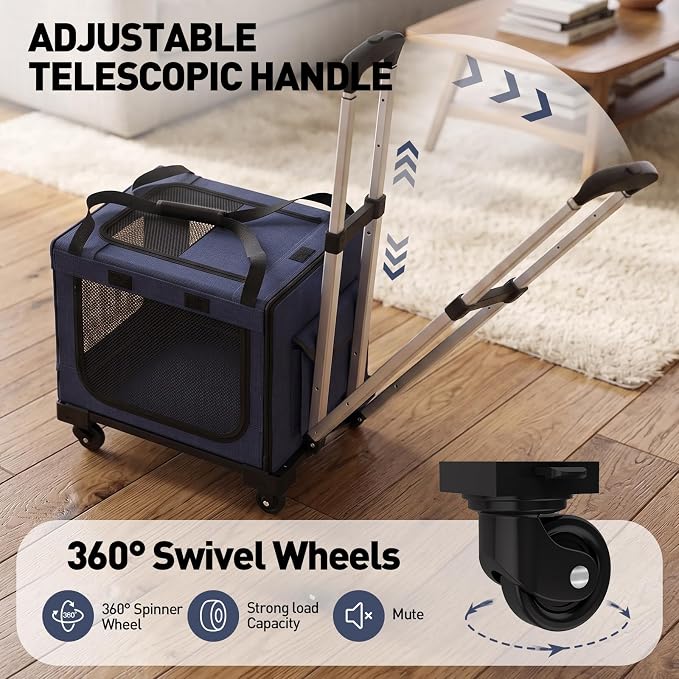 Rolling Cat Carrier with Wheels, 16.5 x 13 x 11.8 in, Navy Blue | Expandable soft-sided carrier with detachable wheels, telescopic handle and breathable mesh for cats and small dogs