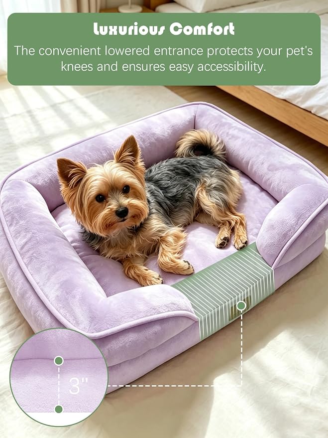 Spotted Play Orthopedic Dog Bed with Sides - Sofa Beds for Small Dogs, Supportive Foam Pet Couch Bed with Washable Removable Cover, Waterproof Lining and Non-Slip Bottom, Purple - S