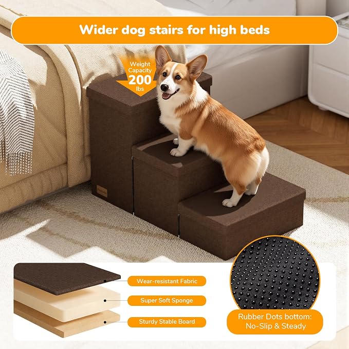 3-Step Wide Dog Stairs with Storage 18" H, Non-Slip Sturdy Pet Steps for High Bed Couch Window, Pet Stairs for Small/Medium/Large Old Dogs Cats Up to 200lbs, Cat Dog Steps for Car/SUV, Coffee