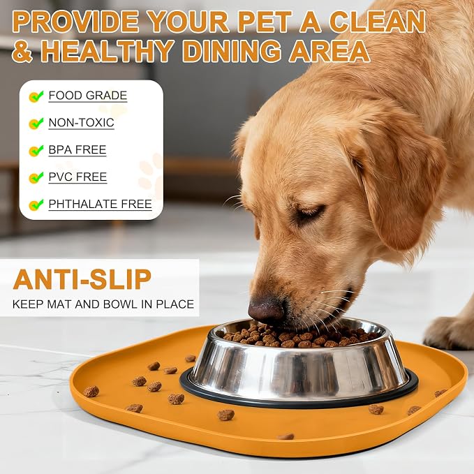 SMILOOL Waterproof Silicone Pet Food Mat with Raised Edge for Dog & Cat | 12" x 12" Non-Slip Small Pet Feeding Mats with Lip for Food & Water Bowl, Food Grade, Easy Cleaning, Orange
