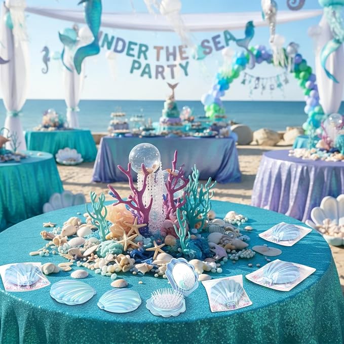 LemonRoad 24 Sets Mermaid Party Favors Shell Hair Brush with Mirror Card, Foldable Mini Travel Compact Hair Brush for Women Birthday, Bachelorette, Under The Sea, Beach Party Gifts(Blue)