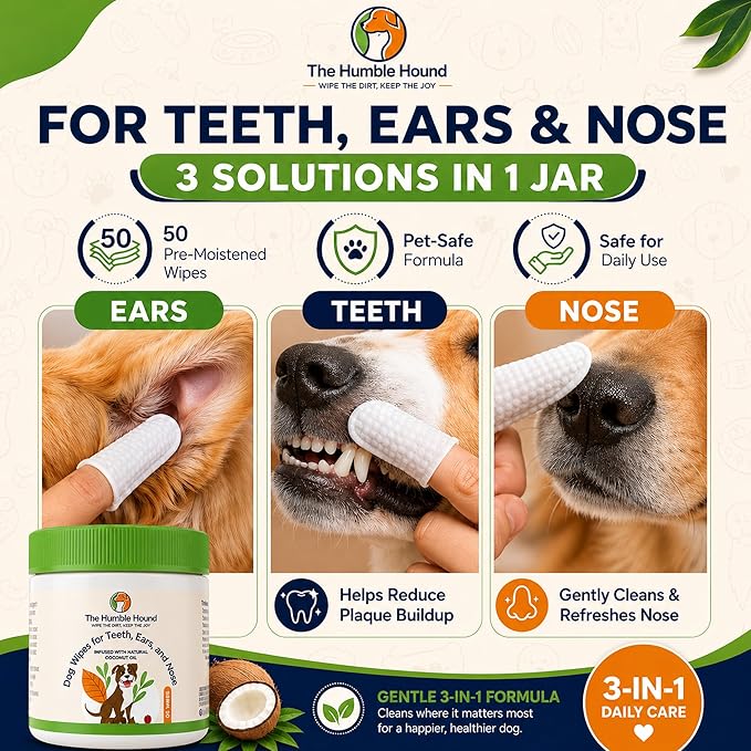 3-in-1 Dog Dental Wipes – Finger Wipes for Teeth, Ears & Snout Infused with Coconut Oil | Promotes Fresh Breath, Tartar Control & Daily Hygiene | Gentle Grooming Wipes for All Dogs – 50 Count