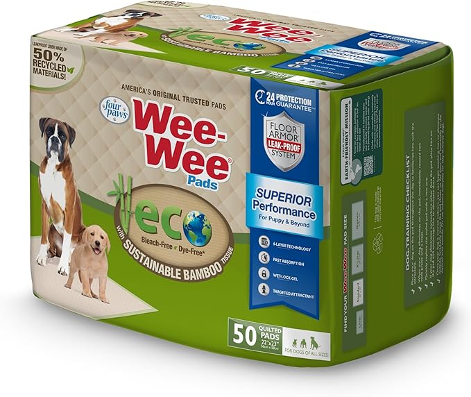 Four Paws Wee-Wee Superior Performance Eco Bamboo Dog Pee Pads, 50 Count | Earth friendly, bleach-free, dye-free, dog & puppy potty training pads, leak-proof, 24-hour protection pee pads, 22" x 23"