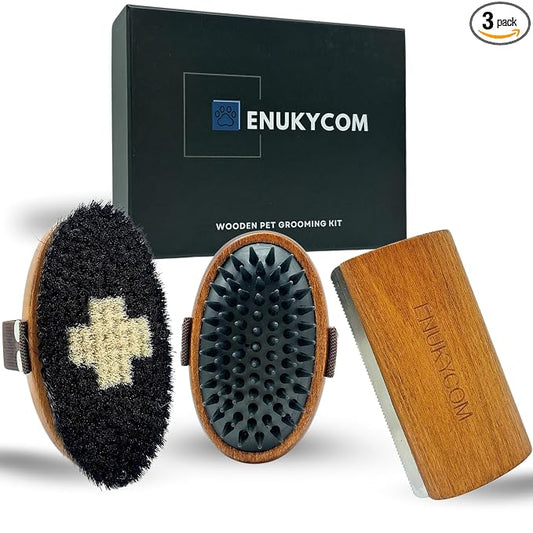 Wooden Pet Grooming Kit for Short-Haired & Double-Coated Dogs Cats Horses- Includes Bristle Brush, Massage Brushes & Deshedding Tools -Dog Brush for Shedding - Best Deshedding Comb - Idea Gift