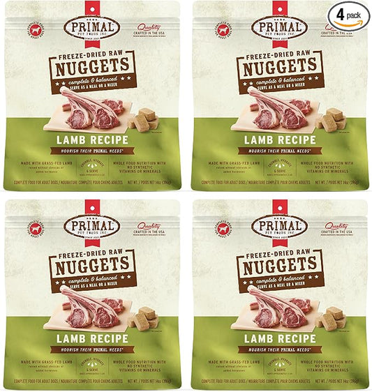 Primal Freeze Dried Raw Dog Food Nuggets, Lamb, Complete & Balanced Meal, Also Use as Topper or Treat, Premium, Healthy, Grain Free, High Protein Raw Dog Food, 14 oz (Pack of 4)